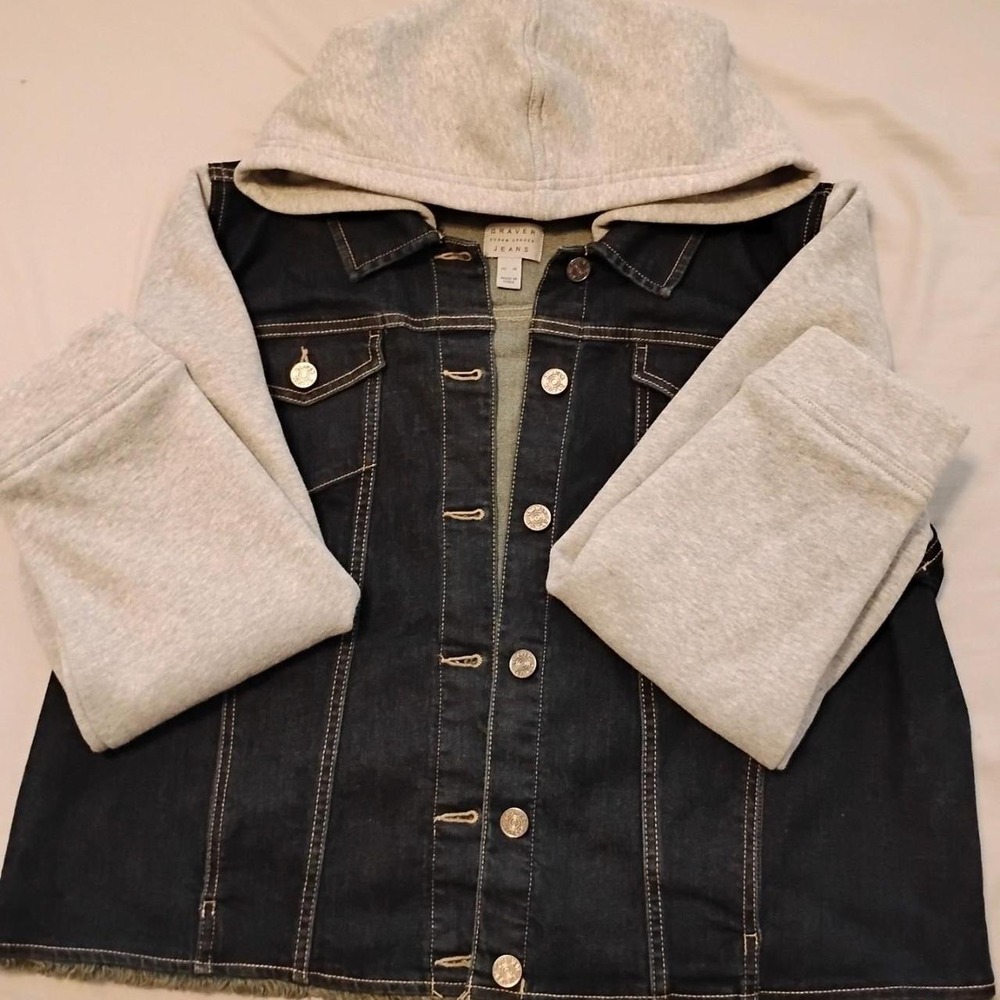 Susan Graver Jeans Blue Denim Jacket Gray Knit Hoodie minimalist clean preppy